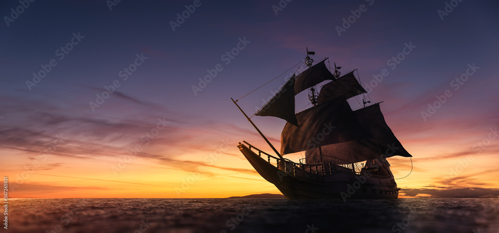 Obraz premium ( 3D illustration, Rendering ) VIntage black pirate ship sailing at sea. high contrast image