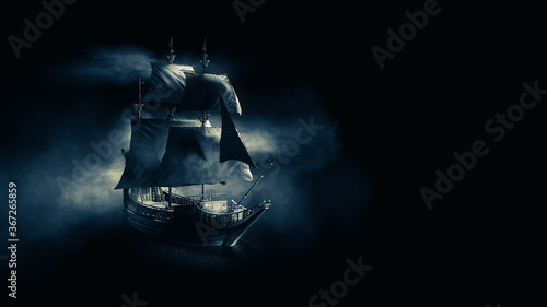 Fotografie ( 3D illustration, Rendering ) VIntage black pirate ship sailing on a dark fogg