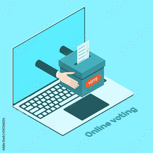 From the laptop screen, hands present the ballot box for voting. The concept of online elections. Vector illustration in isometric style.