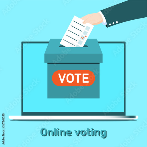 On the laptop screen, there is a ballot box in which a person puts their paper with a choice. The concept of online elections. Vector illustration.