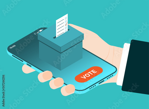 he has the concept of online voting with a phone in his hand. Vector illustration in isometric style.