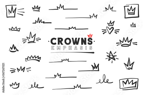 Crown logo graffiti icon emphasis. Black line elements isolated on white background. Vector illustration