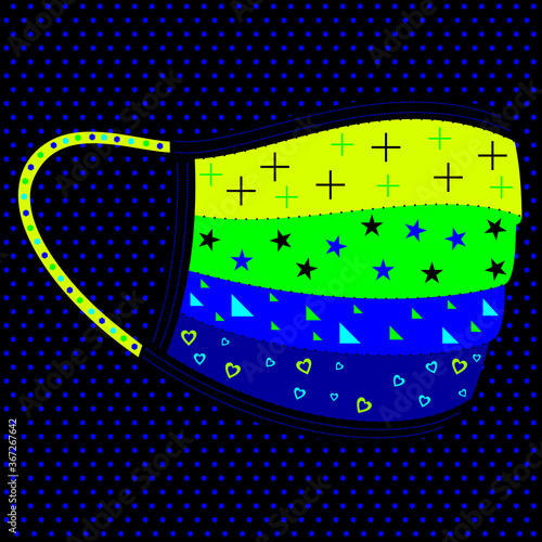 Vector illustration of stylized single designer wear mask to protect against the Coronavirus or Covid 19 disease on a decorated black background