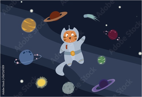 Fun cat astronaut in space. Vector cartoon charters. Editable vector illustration.