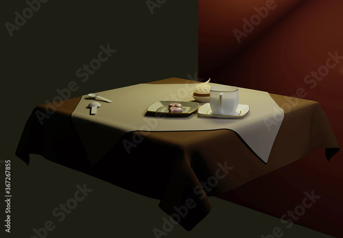 3d rendering porcelain coffee cup and chocolate hearts on table linen with cofee brown cloth and creamy napkin