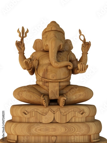 Isolated of Lord ganesh image on white background with copy space for text, wooden statue of Ganesga, ganpati, 3d illustration.