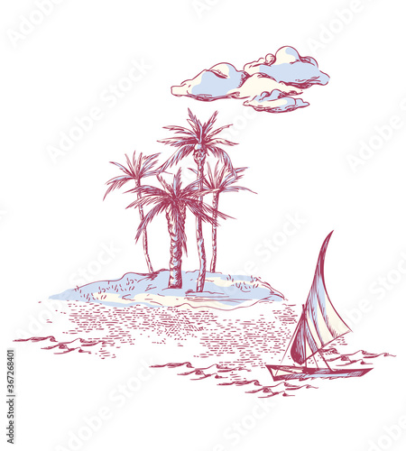 Illustration of Sailing Boat and Tropical Island.