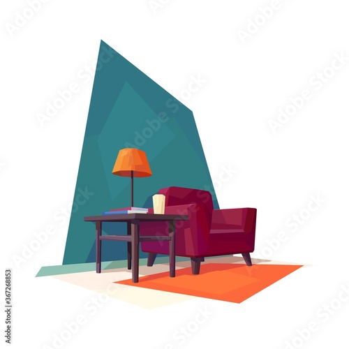 low poly living room interior, armchair, coffee table, lamp shade, vector illustration