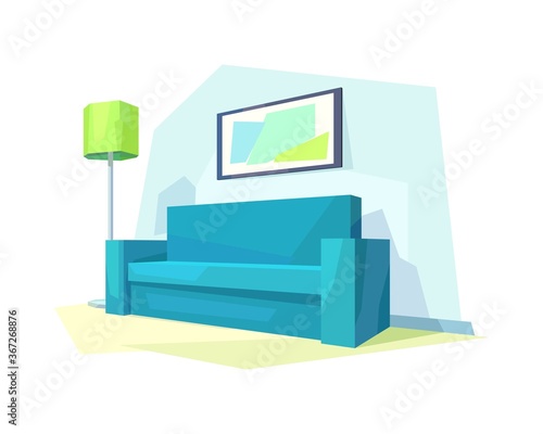 low poly living room interior, couch, picture, lamp shade, vector illustration