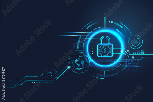 Data security concept design for personal privacy, data protection, and cyber security. Padlock with Keyhole icon on blue background.