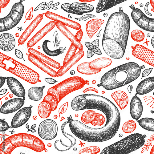 Vintage vector meat products seamless pattern. Hand drawn sausage, wurst and herbs background. Meat food vintage illustrations