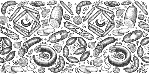 Vintage vector meat products seamless pattern. Hand drawn sausage, wurst and herbs background. Meat food vintage illustrations