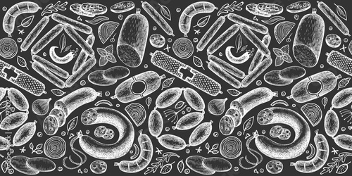 Vintage vector meat products seamless pattern. Hand drawn sausage, wurst and herbs background. Meat food retro illustrations on chalk board