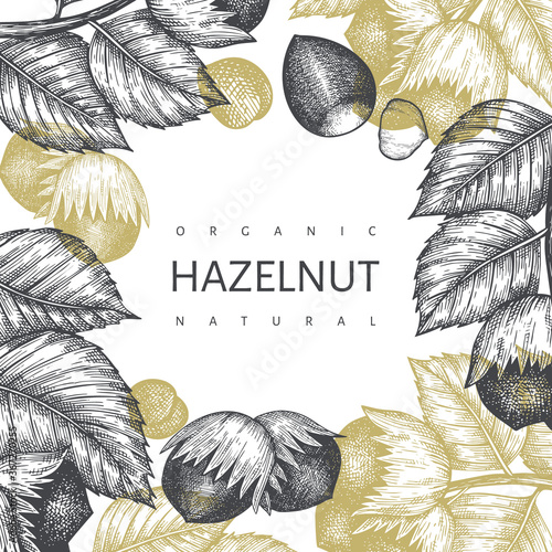 Hand drawn sketch hazelnut design template. Organic food vector illustration on white background. Vintage nut illustration. Engraved style botanical background.