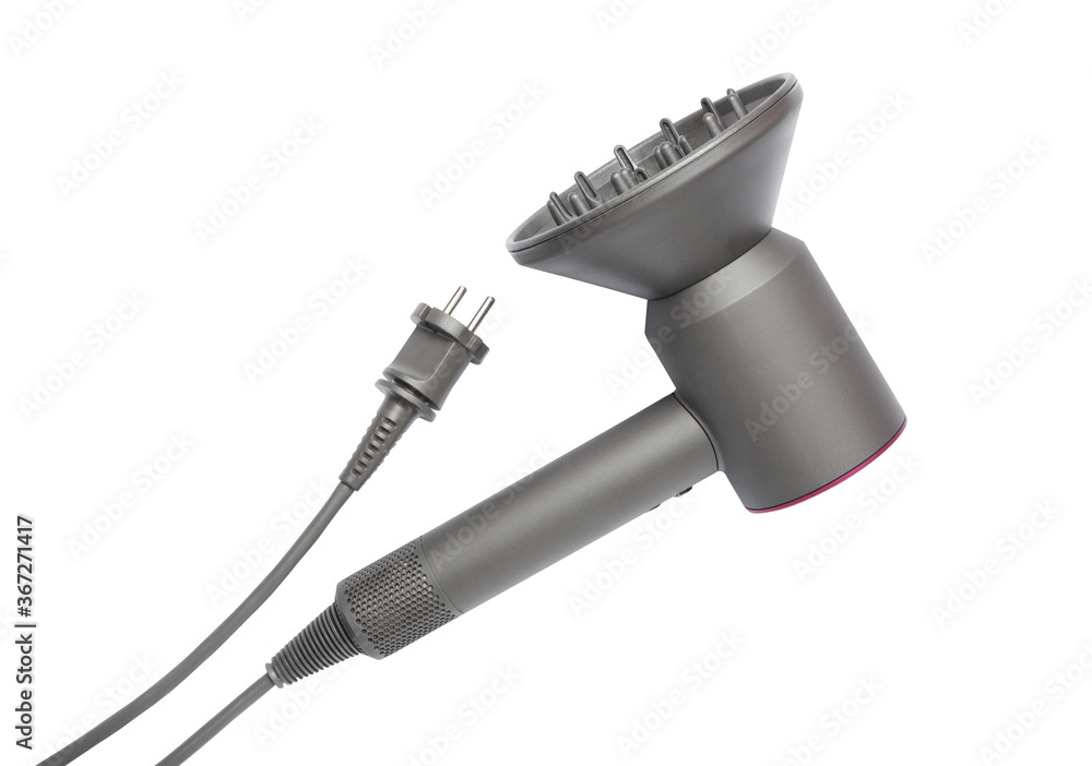 Modern hair dryer on white background, top view Modern hair dryer on white background, top view