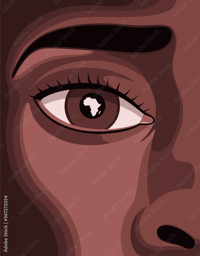 Eye close up of young sad black woman with reflection in pupil shaped like the African continent