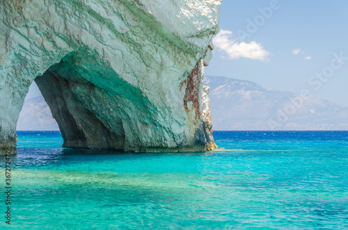 Gorgeous azure waters of blue caves on north east coast of Zakynthos island, Greece