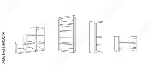 set of low poly outline bookcases, isolated furniture, vector, illustration