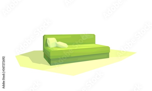 low poly green sofa with pillows, living room interior, isolated furniture, vector, illustration