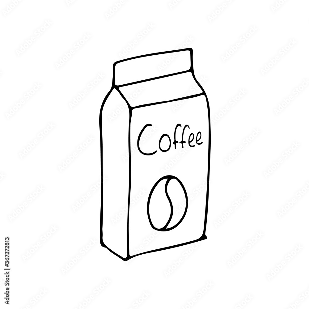 Coffee paper bag doodle icon. Hand drawn paper coffee bag in vector. Doodle paper bag of coffee Coffee paper bag doodle icon. Hand drawn paper coffee bag in vector. Doodle paper bag of coffee