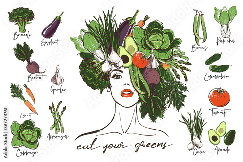 Beautiful vegan woman portrait and vegetables set. Eco vegetarian meal concept design. Digital watercolor illustration on white background. Hand drawn outline illustration with fill color.