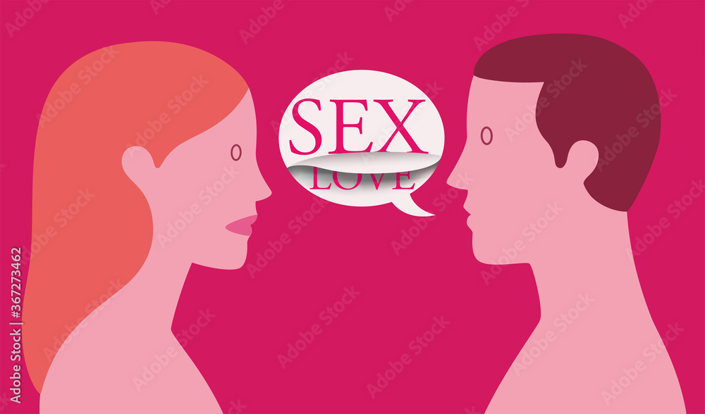 Conceptual illustration depicting a couple in which the man appears to be asking for love and hides that he only wants sex	
