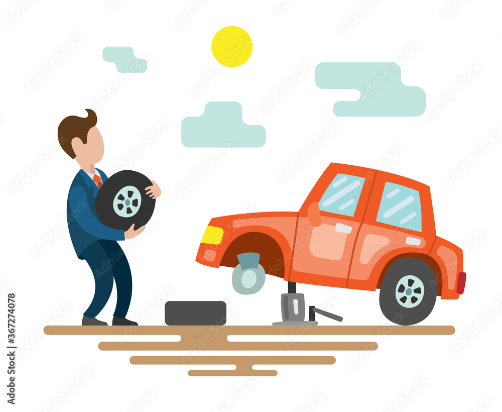 The man replaces the tire on the broken car. Vector illustration with a red car on the road. The man replaces the tire on the broken car. Vector illustration with a red car on the road.