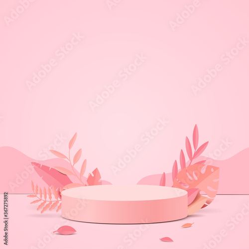 Abstract minimal scene with geometric forms. cylinder podium display or showcase mockup for product in pink background with paper leaves.