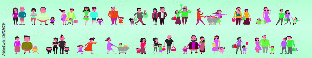 shopping with family cartoon set isolated on tosca background