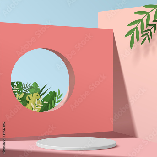 Abstract minimal scene with geometric forms. cylinder podium display or showcase mockup for product in pink background with paper leaves.