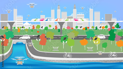 Concept and idea smart city show a city in future has used technology help easy and fast transport and help people have a good health and clean environment. Vector EPS10