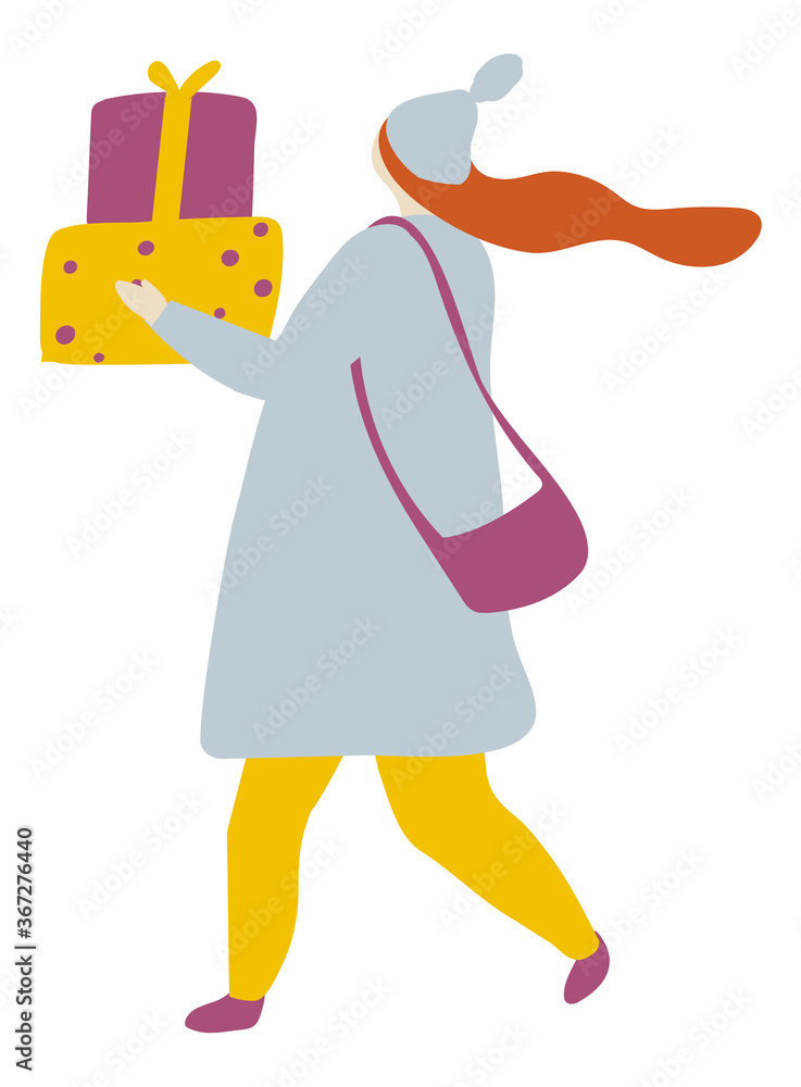 Winter People Outdoor Flat Vector. Woman walking with gift box Winter People Outdoor Flat Vector. Woman walking with gift box