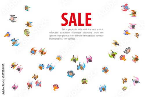 People run to the sales event. Top view. A group of different people running. View from above. Space for text.