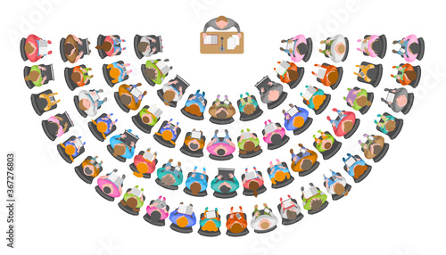 Lecturer speaks to an audience. Top view.  People, men, women, children sit in chairs in the audience. View from above.