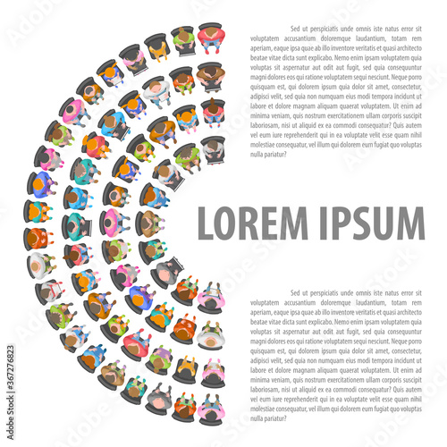 People, men, women, children sit in chairs in the audience. Top view. Space for your text.