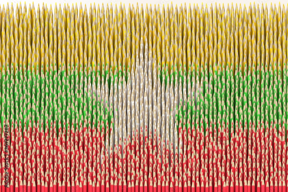 Flag of Myanmar made with color pencils. Art related conceptual 3D rendering Flag of Myanmar made with color pencils. Art related conceptual 3D rendering
