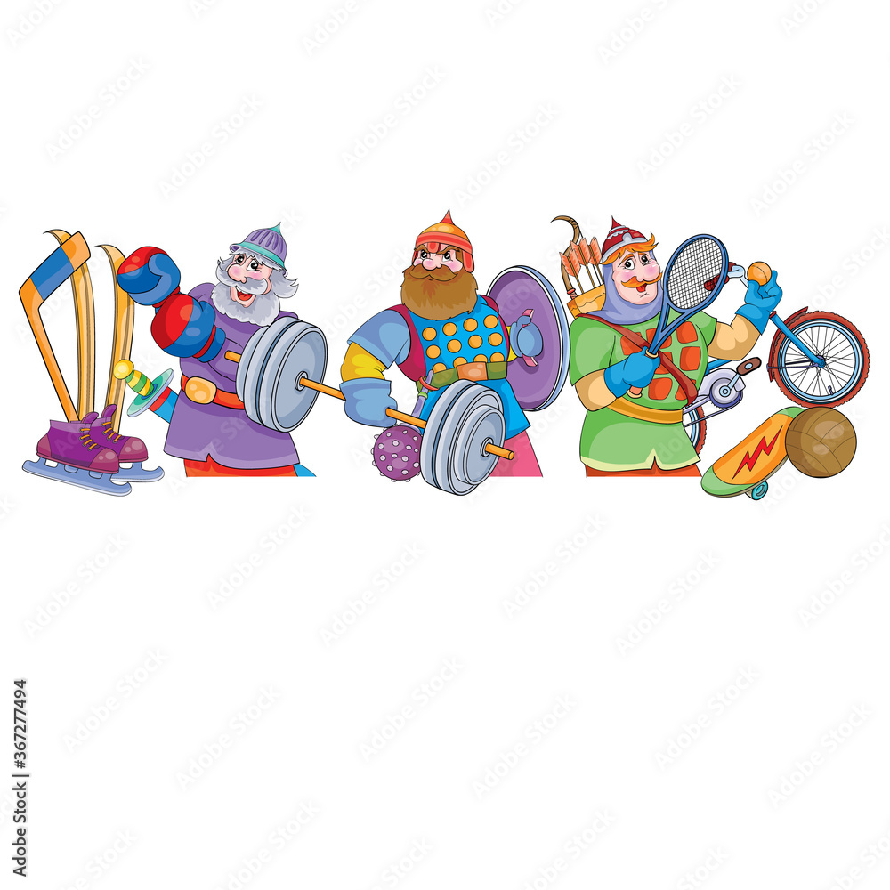 Fototapeta premium three russian heroes with sports equipment, cartoon illustration, isolated object on white background, vector illustration,