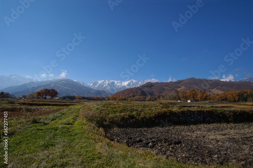 autumn landscape with snow covered mountains in Japanese alps