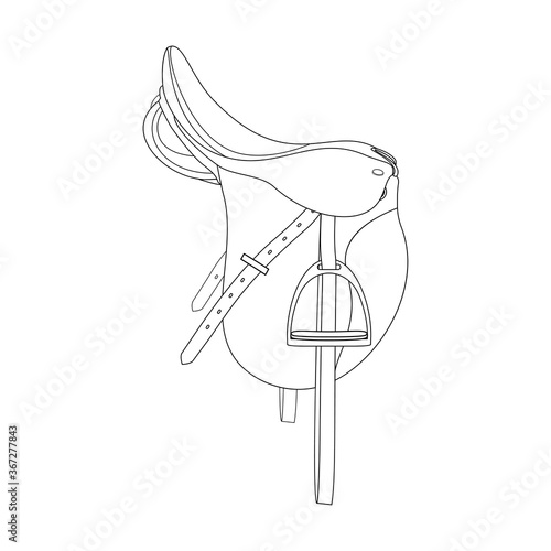 The horse saddle is isolated on the white background, line art.