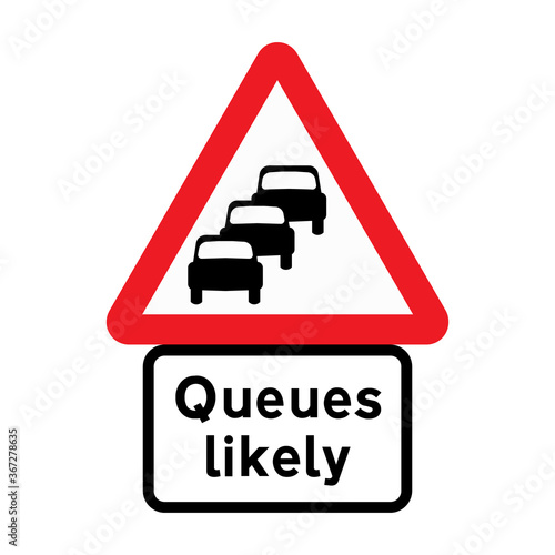 Traffic queues likely ahead.Traffic jam road sign. Congestion Likely. Vector illustration of red triangular warning traffic sign isolated on white background.