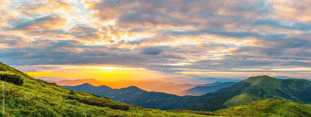 Colorful landscape at sunset in the mountains, scenic wild nature, Carpathians