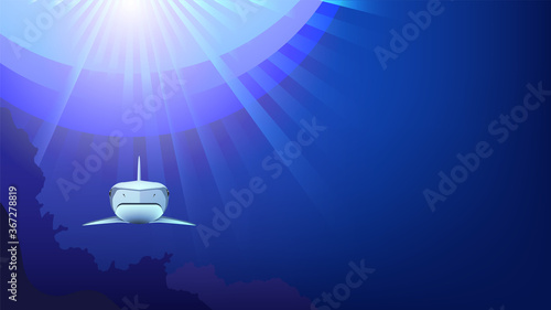 Poster. Shark in full face underwater. Seabed with bright rays of the sun EPS10