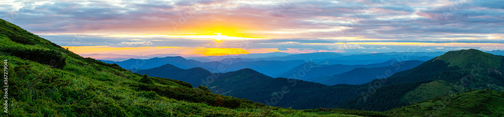 Colorful landscape at sunset in the mountains, scenic wild nature panorama, Carpathians - obrazy, fototapety, plakaty 