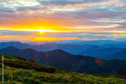 Colorful landscape at sunset in the mountains, scenic wild nature, Carpathians