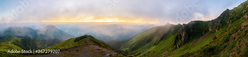 Colorful sunrise landscape in the mountains, scenic wild nature panorama at the dawn, Carpathians