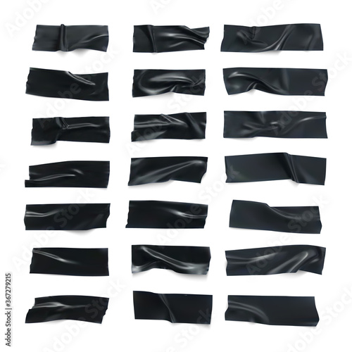 Realistic black glossy insulating tape strip set. Duct tape pieces collection. Sticky scotch isolated on white background. Vector