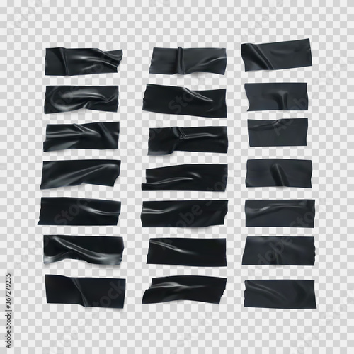 Realistic black glossy insulating tape strip. Sticky scotch isolated on transparent background. Duct tape pieces set. Vector illustration