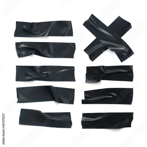 Realistic black glossy insulating tape strip set. Sticky scotch isolated on white background. Duct tape pieces collection. Vector illustration photo