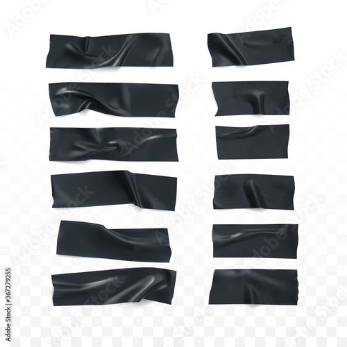 Realistic black wrinkled insulating tape strip set. Sticky scotch isolated on transparent background. Duct tape pieces collection. Vector illustration