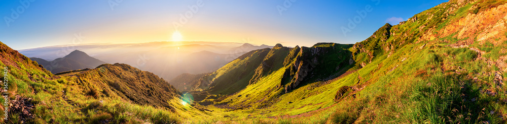 Colorful sunrise landscape in the mountains, scenic wild nature panorama at the dawn, Carpathians - obrazy, fototapety, plakaty 